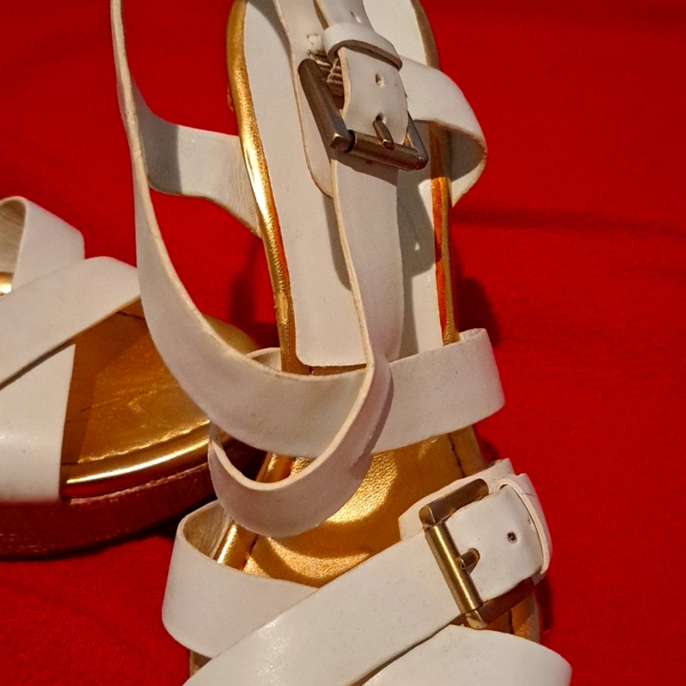 Audrey Brooke-Size 9.5 strappy Wedge sandle with gold foot bed and buckles.